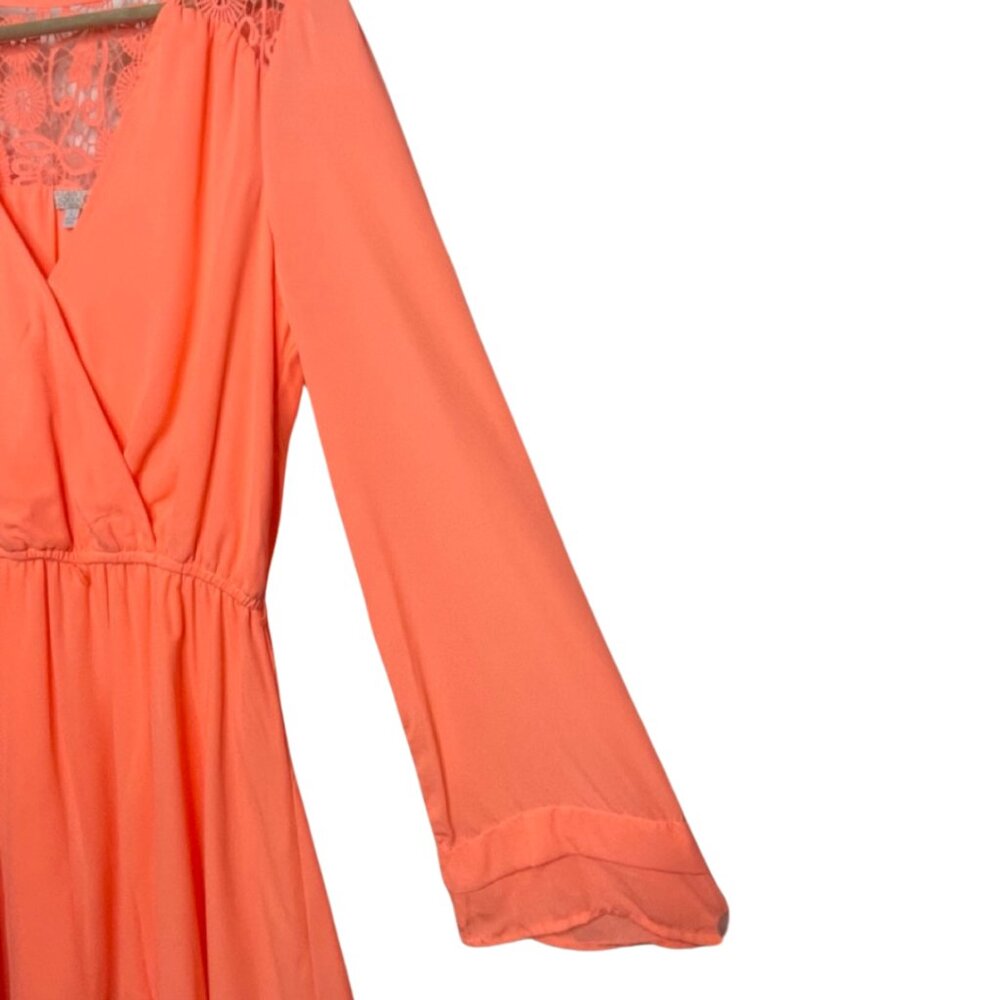 GIANNI BINI | Long Sleeve Bright Coral Lace Trim Mini Dress | Size L - Picture 4 of 13